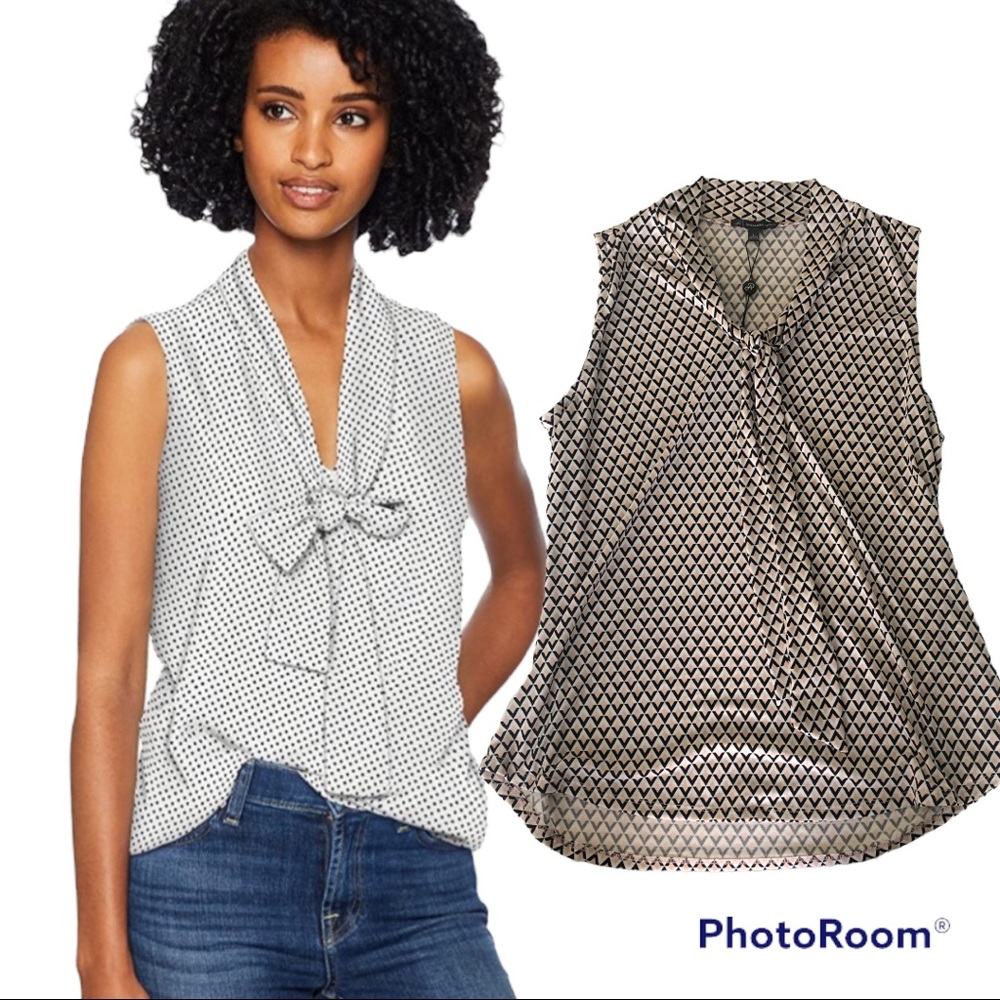 Adrianna Papell NWT sleeveless tie neck blouse geometric print white black cream